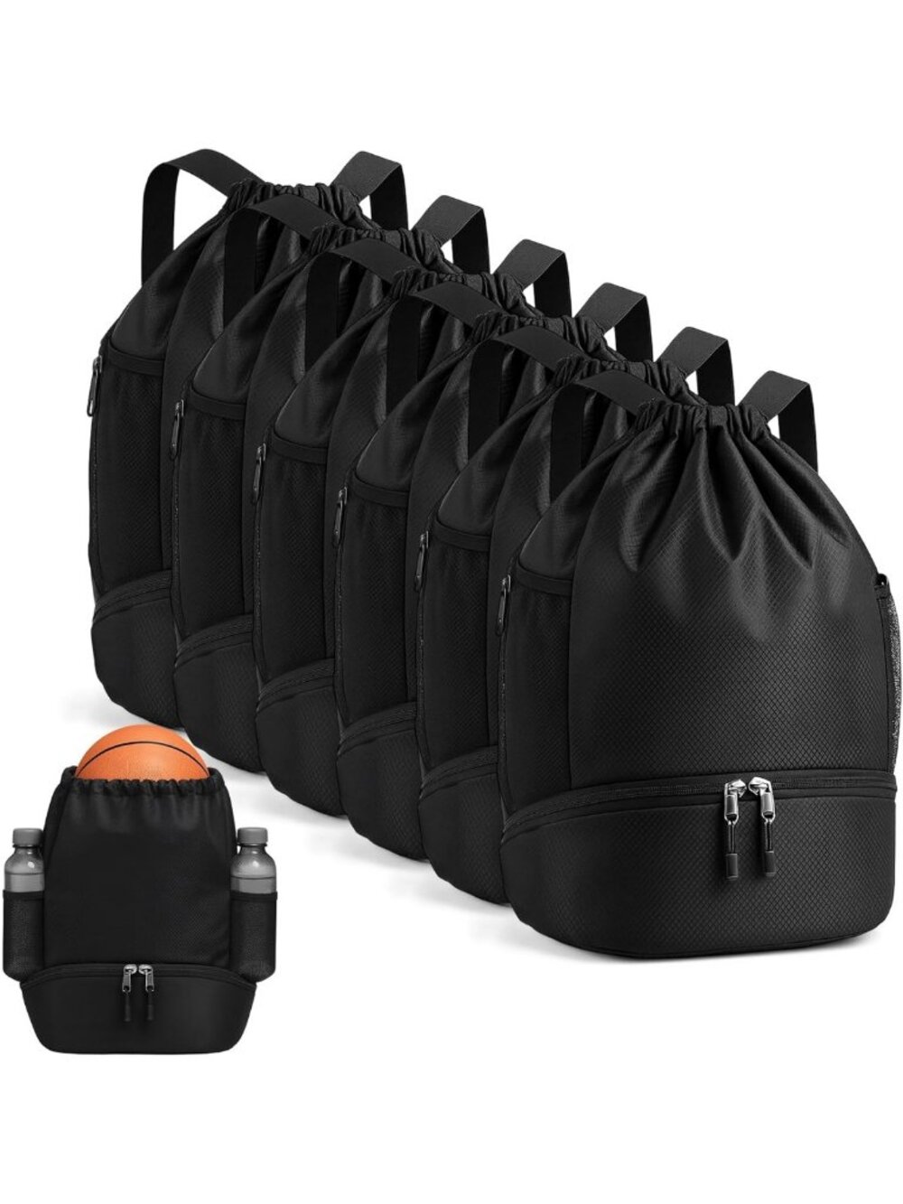 6 Pack Drawstring Gym Backpacks for Men - Lightweight, Durable, Black